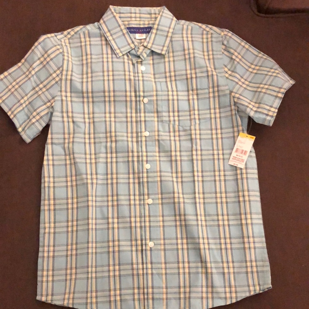 Boys medium plaid light blue button up colored shirt.
